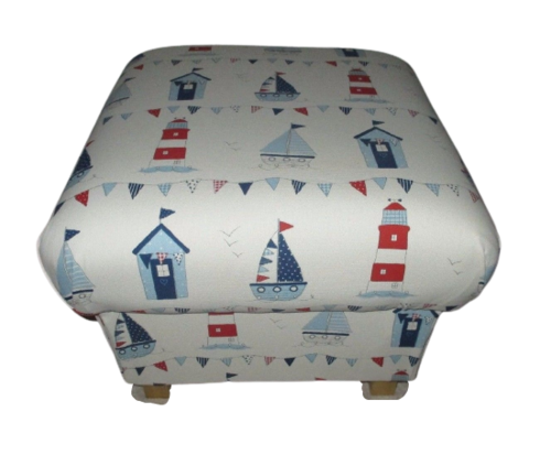 Fryetts Maritime Boats Fabric Footstool Blue Red White Ships Nautical Seaside Footstall
