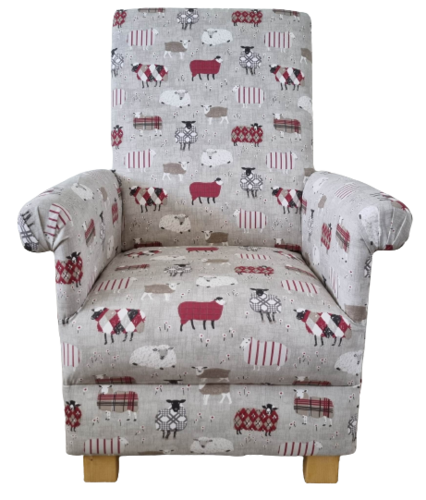 Baa Baa Sheep Fabric Adult Chair Lambs Red Beige Peony Patchwork Kitchen Armchair Nursery Animals