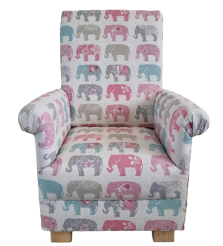 Clarke Pastel Elephants Child's Chair Armchair Grey Kid's Pink Patchwork Nursery Bedroom