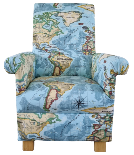 Prestigious Atlas Maps Fabric Adult Chair Armchair Azure Blue Nursery Geography World Map