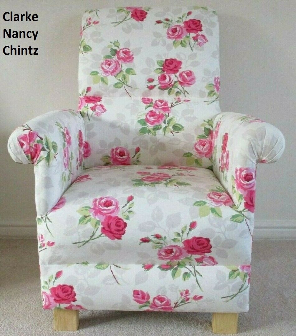 Clarke Nancy Chintz Fabric Adult Chair Flowers Pink White Armchair