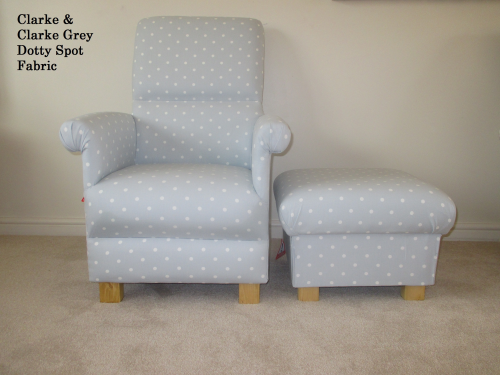 Clarke Grey Dotty Spot Fabric Adult Chair & Footstool Nursery Polka Dot Armchair Spotty Dots