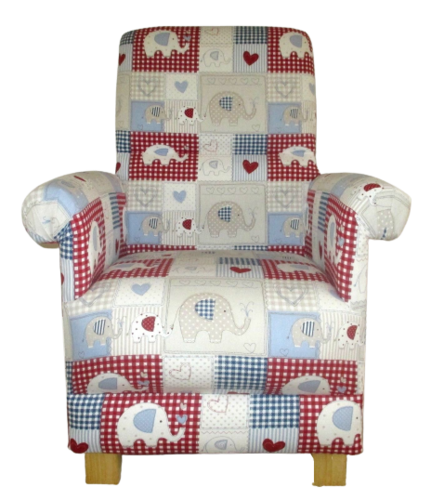 Fryetts Bobo Blue Fabric Adult Chair Nursery Red White Gingham Patchwork Armchair Elephants