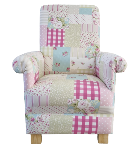 Fryetts Pink Patchwork Fabric Adult Chair Nursery Spot Gingham Shabby Chic Green Floral Armchair
