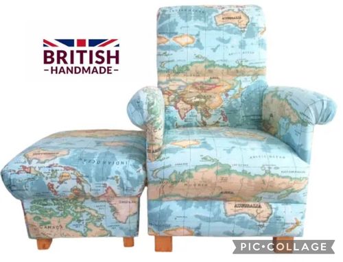 Prestigious Atlas Azure Blue Adult Chair & Footstool World Map Nursery Armchair Geography
