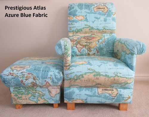 Prestigious Atlas Azure Blue Adult Chair & Footstool World Map Nursery Armchair Geography