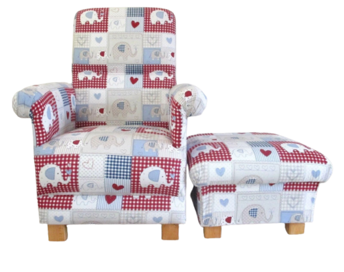 Fryetts Bobo Blue Patchwork Fabric Chair & Footstool Nursery Elephant Gingham Red Armchair