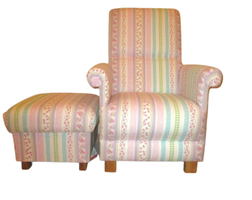 Laura Ashley Clementine Stripe Fabric Chair & Footstool Pink Nursery Lilac Armchair Patchwork Blue