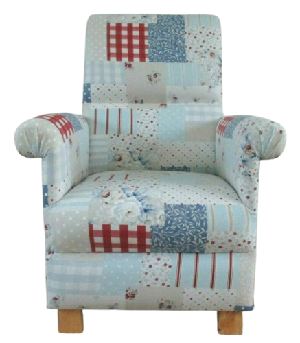 Fryetts Vintage Blue Patchwork Fabric Adult Chair Red Gingham Roses Armchair Nursery Bedroom Accent