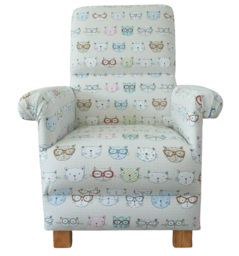 Fryetts Cool Cats Natural Fabric Adult Chair Funky Kittens Beige Pussy Nursery Bedroom Armchair