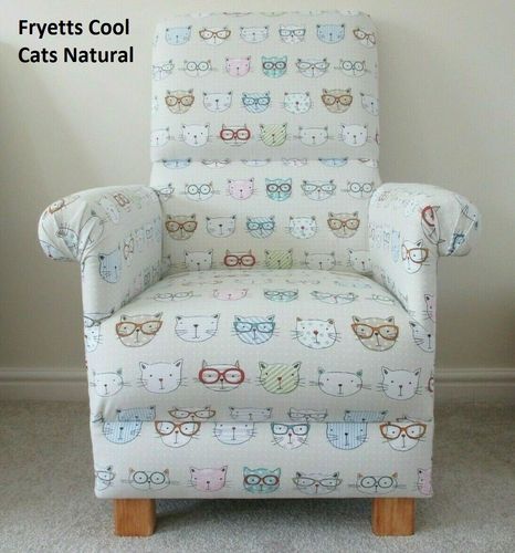 Fryetts Cool Cats Natural Fabric Adult Chair Funky Kittens Beige Pussy Nursery Bedroom Armchair