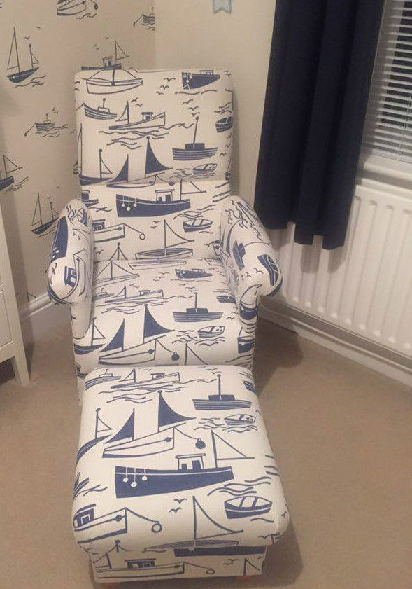 Harlequin Sail Away Fabric Child Chair Blue Nautical White Ships Boats Nursery 