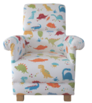Accent Nursery Armchair in Dino Fabric Adult Chair Dinosaur T-Rex Blue Green Paintbox Bedroom