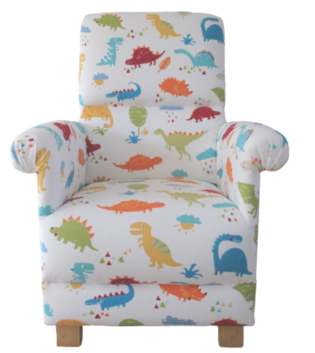 Accent Nursery Armchair in Dino Fabric Adult Chair Dinosaur T-Rex Blue Green Paintbox Bedroom