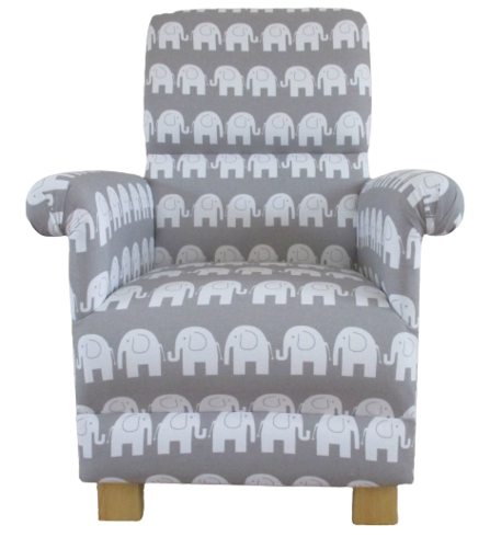 Grey Elephants Fabric Adult Chair Nursery White Bedroom Animals Armchair