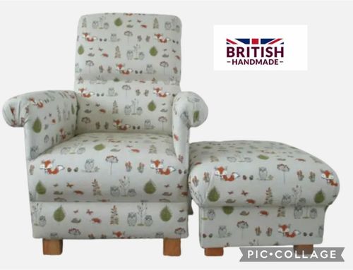 Fryetts Woodland Animals Fabric Adult Chair & Footstool Armchair Nursery Beige Fox Owl