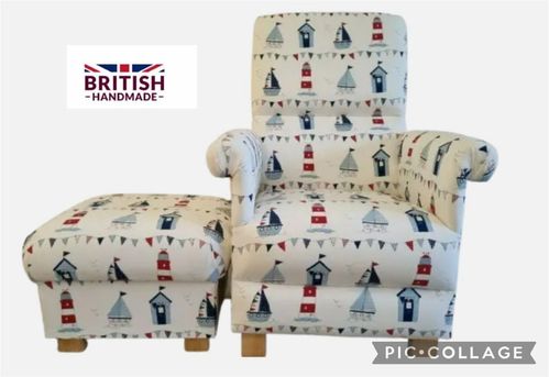Fryetts Maritime Boats Fabric Adult Chair & Footstool Nautical Ships Seaside Armchair