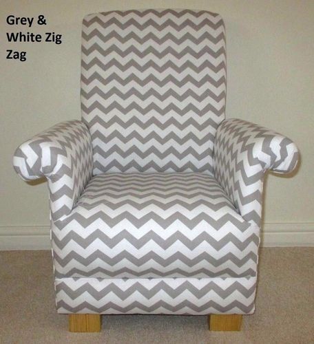 Grey Zig Zag Fabric Child's Chair Nursery Armchair Chevrons Bedroom Kids White