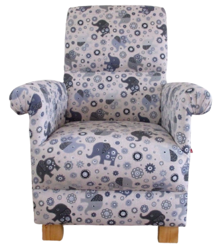 Grey Retro Elephants Fabric Adult Chair Patchwork Floral Armchair Bespoke Nursery Bedroom Animals