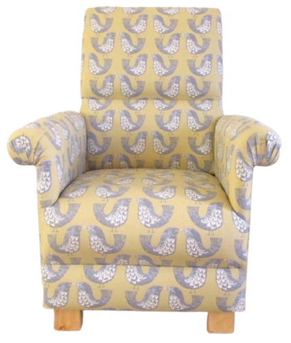 Scandi Birds Fabric Adult Chair Armchair Nursery Grey Mustard Bird Accent Bespoke Handcrafted