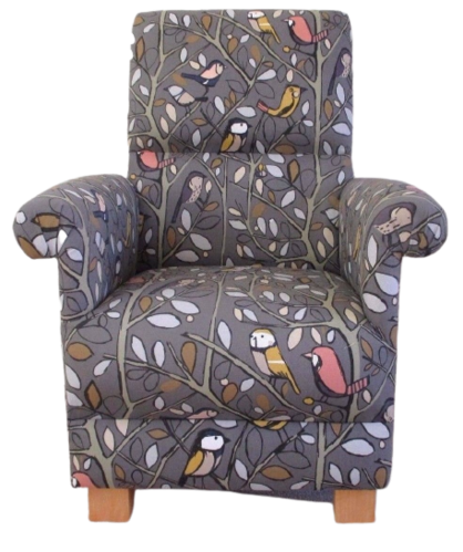 Edinburgh Weavers Tweety Birds Fabric Adult Chair Nursery Charcoal Grey Bird Nursing Armchair