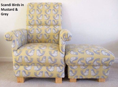 Scandi Birds Fabric Adult Chair & Footstool Bedroom Nursery Mustard Grey Bird Accent Armchair