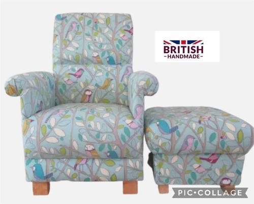 Tweety Birds Duck Egg Fabric Adult Chair & Footstool Accent Armchair Nursery Green Bespoke