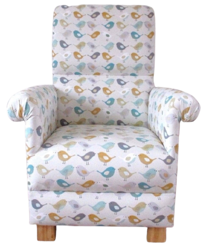 Fryetts Birds Ochre Fabric Adult Chair Armchair Grey Mustard Nursery Nursing Accent Tweety Bird