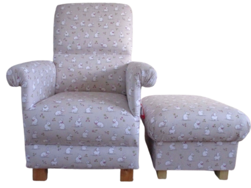 Taupe Bunnies Fabric Adult Chair & Footstool Bedroom Rabbits Nursery Bunny Beige Nursing Armchair