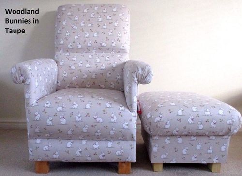 Taupe Bunnies Fabric Adult Chair & Footstool Bedroom Rabbits Nursery Bunny Beige Nursing Armchair