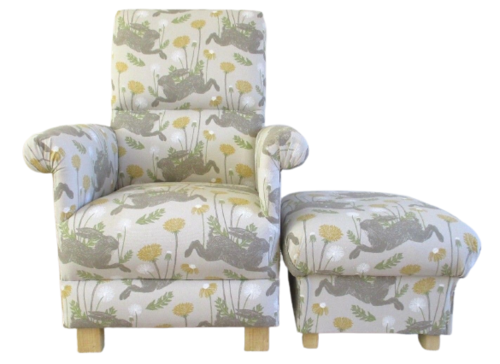 Clarke March Hares Fabric Adult Chair & Footstool Linen Mustard Armchair Nursery Bedroom Rabbits