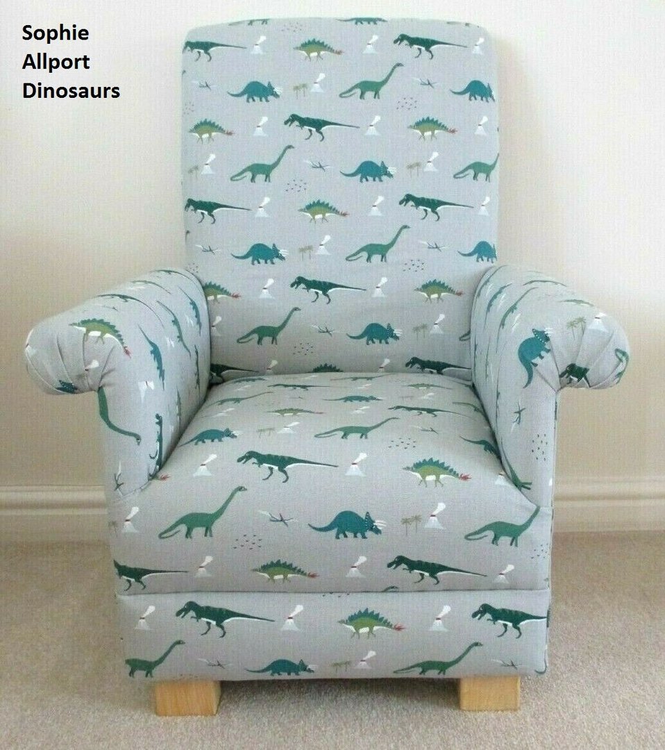 sophie allport dinosaurs fabric child's chair sage green grey armchair kids  boys nursery bedroom