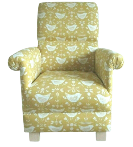 Fryetts Narvik Nordic Scandi Birds Fabric Adult Chair Armchair Mustard Ochre Accent Bedroom Nursery