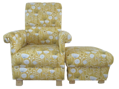 Fryetts Bergen Ochre Fabric Adult Chair & Footstool Armchair Mustard Accent Small