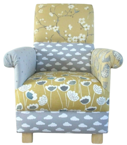 Mustard & Grey Patchwork Fabric Adult Chair Floral Ochre Armchair Stars