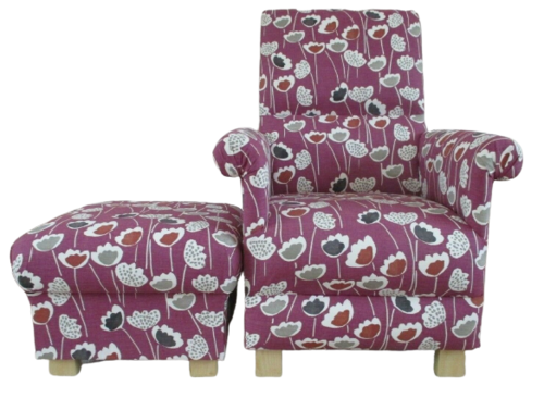 Prestigious Clara Scandi Very Berry Fabric Adult Chair & Footstool Floral Purple Mauve Accent Pouffe