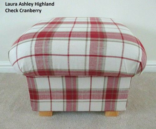 Storage Footstool in Laura Ashley Highland Check Cranberry Fabric Red Tartan Pouffe Footstall Cream