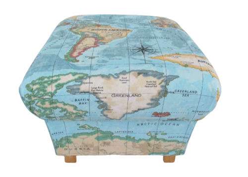 Storage Footstool in Prestigious Atlas Azure Blue Fabric Pouffe Footstall World Map Globe
