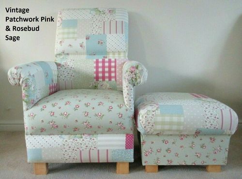 Vintage Patchwork Rosebud Sage Fabric Adult Chair & Footstool Armchair Pink Duck Egg Nursery Pouffe