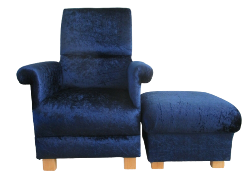 Navy Blue Crushed Velvet Fabric Adult Chair & Footstool Armchair Pouffe Accent Nursery