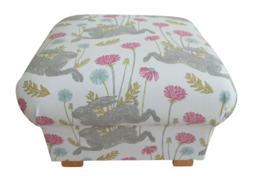 Storage Footstool Clarke March Hares Summer Pink Fabric Dandelions Pouffe Footstall Animals Rabbits