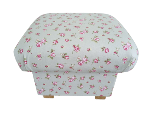 Storage Footstool in Clarke Rosebud Sage Green Fabric Pink Roses Pouffe Footstall