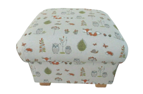 Footstool Fryetts Woodland Animals Fabric Pouffe Footstall Beige Natural Owls Foxes Trees