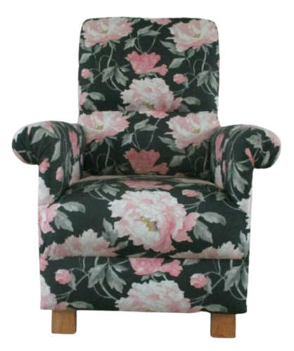 Laura Ashley Peonies Smoke Grey Fabric Adult Chair Armchair Floral Pink Black Accent Bedroom Nursery
