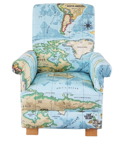 Prestigious Atlas Fabric Children's Chair Kids Armchair Blue Azure World Map Nursery Bedroom Globe