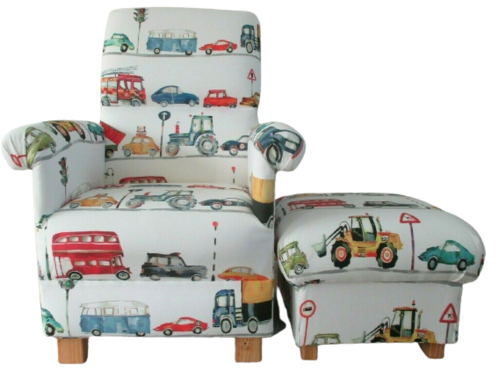 Prestigious On The Road Fabric Adult Chair & Footstool Armchair Nursery Cars Trucks Diggers Vans
