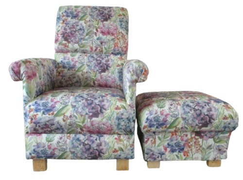 Voyage Hydrangea Fabric Adult Chair & Footstool Armchair Pouffe Floral Flowers Lilac Purple Accent