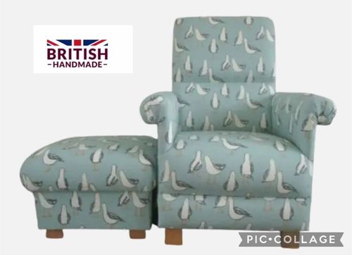 Clarke Seagulls Laridae Fabric Adult Chair & Footstool Duck Egg Birds Armchair Accent Green Pouffe