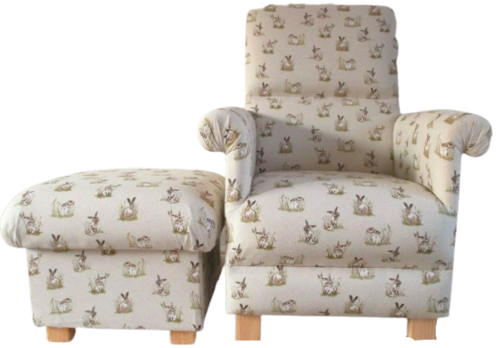 Vintage Hares Fabric Adult Chair & Footstool Armchair Pouffe Animals Nursery Beige Rabbits Bedroom