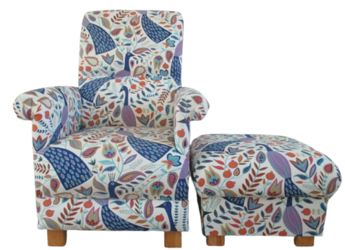 Fryetts Peacocks Amethyst Fabric Adult Chair & Footstool Armchair Birds Blue Accent Small